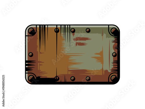 A rusty metal plate with a distressed finish and bolts on a white background
