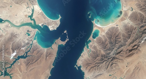 Aerial view of the strategic Strait of Hormuz coastline, Iran