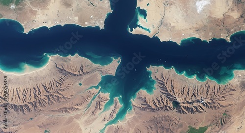 Aerial view of the strategic Strait of Hormuz coastline, Iran