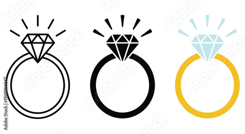 Wedding ring icon. Jewelry logo. Engagement diamond ring icon. Proposal symbol. Brilliant gold jewellery vector illustration isolated.
