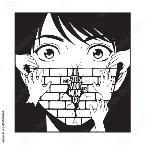 Black and white manga girl covering mouth with brick wall, cracked stone texture, 'I need more to go' text