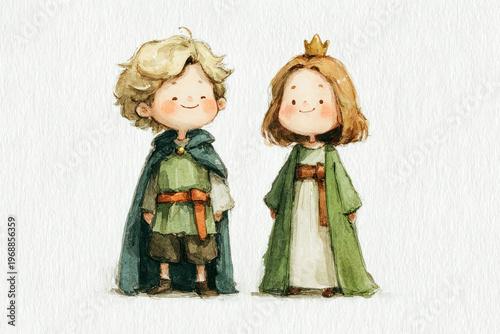 Cute watercolor prince and princess characters – fairytale children illustration in soft pastel style