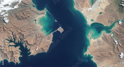 Aerial view of the strategic Strait of Hormuz coastline, Iran