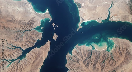Aerial view of the strategic Strait of Hormuz coastline, Iran
