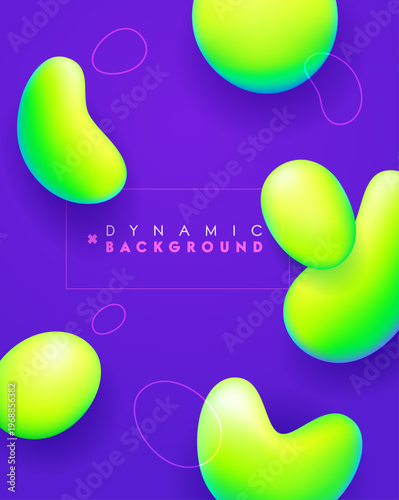 Abstract dynamic background with bright neon green fluid shapes on a purple gradient backdrop. Modern vibrant design with smooth organic forms, perfect for banners, posters, social media, and digital 