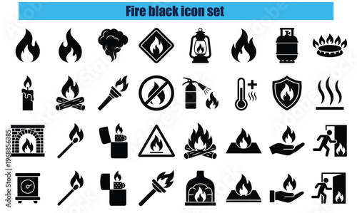 Fire black icon set. Flame, heat, gas and smoke symbols. Flammable danger and fire hazard glyph signs. Campfire, bonfire, fireplace, torch, lighter and match pictograms. Fire emergency concepts.