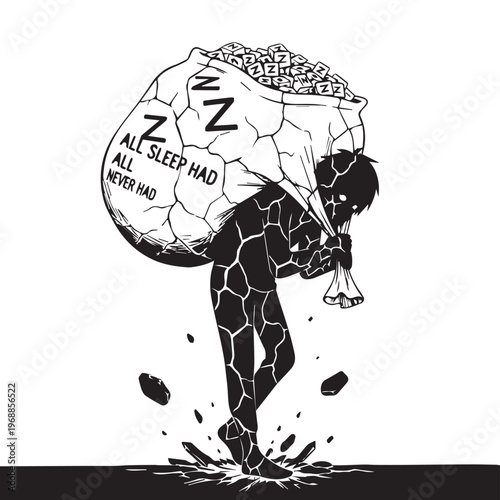 Sleep deprivation concept, exhausted person carrying heavy sack, mental health illustration, fatigue and stress vector