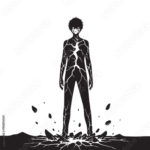 Cracked body man, broken human, shattered person, vector illustration