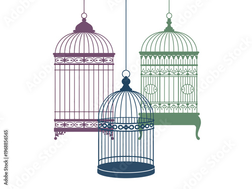 Three colorful birdcages hanging from strings on a white background
