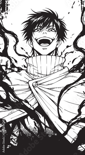 Angry anime man, manga screaming face, black and white illustration, emotional expression