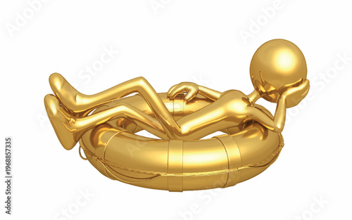 Golden figure lying on inflatable raft toy on water recreation relaxation summer vacation  leisure activity
