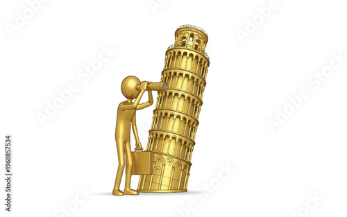Golden figure with briefcase looking through telescope at golden leaning tower of pisa