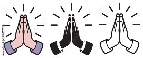 Folded hands prayer icon set, vector illustration, gratitude and meditation symbols, spiritual and religious gestures, praying hands icons, flat design