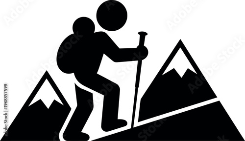 Determined climber ascending a rugged mountain peak with hiking gear and backpack