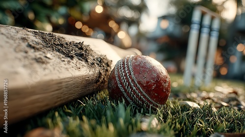 Cricket bat with red ball and stumps match concept illustration