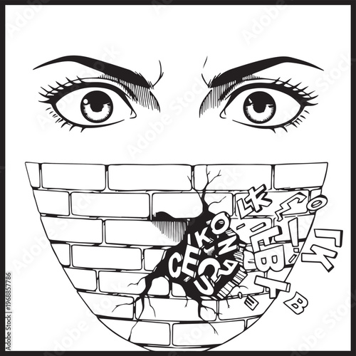 Censored face, brick wall mouth, gagged expression, black and white vector, freedom concept, speechless illustration