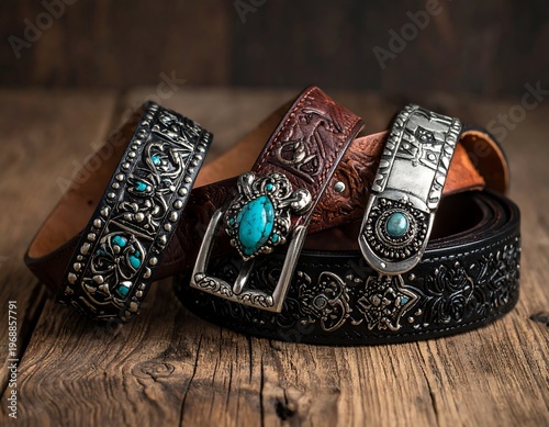 Leather belts with ornate buckles. Turquoise accents. Rustic wood background
