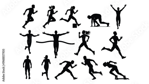 Silhouettes of people in various athletic poses depicting running and movement
