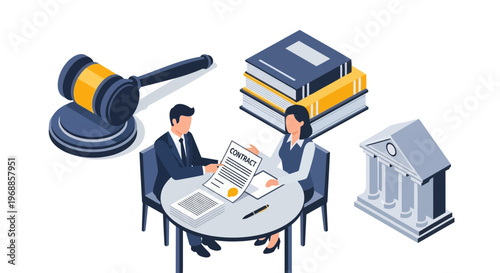 Legal professionals discussing contract at table with law books and gavel.