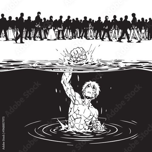 Drowning man, struggling underwater, crowd silhouettes, black and white vector illustration, dramatic scene