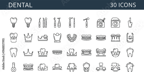 Large collection of thirty professional dental line icons featuring tooth implants crowns braces dentures and medical instruments,