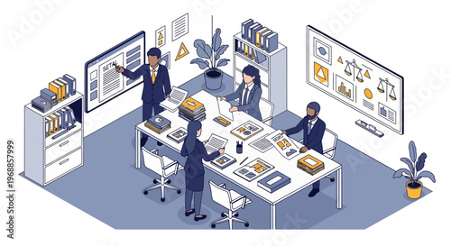 Business meeting in a modern office with people discussing strategy.