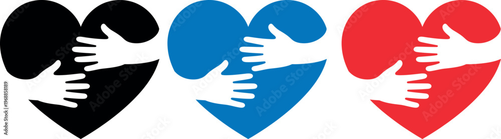 Obraz premium Three interlocking hearts symbolizing unity, love, and support in black, blue, and red