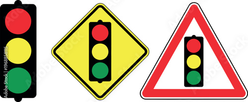 Variations of traffic signals enclosed in different warning shapes
