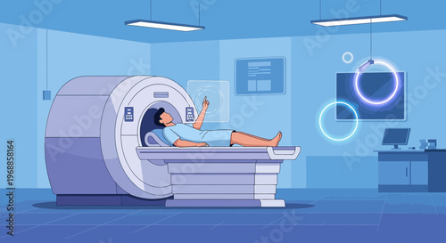Patient undergoing MRI scan in a modern medical imaging room with futuristic interface