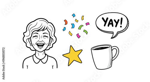 A joyful older woman laughs, surrounded by confetti, a star, and a coffee cup with a 'YAY!' bubble.