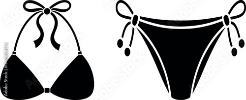 Black bikini and thong swimwear with decorative bows and embellishments