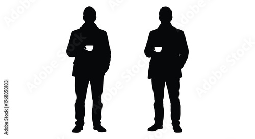 Silhouette of two men holding mugs facing forward in a studio setting