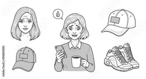 A distressed woman experiencing sweating, holding a phone and coffee, accompanied by illustrations of two baseball caps and a pair of running shoes, all rendered in a clean monochrome line art style.