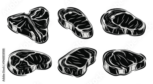 A collection of monochrome illustrations depicting various cuts of raw beef steak
