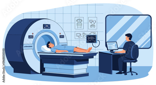 Patient undergoing MRI scan in modern medical diagnostic room with technician