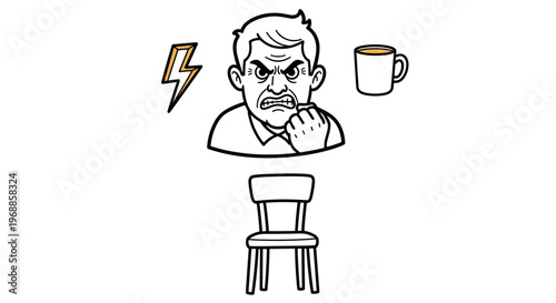 An intensely angry man with a clenched fist and teeth, depicted with a lightning bolt, a coffee cup, and a chair, symbolizing frustration and stress.