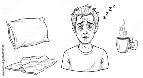 A tired man with heavy bags under his eyes struggles with sleep deprivation, needing a hot cup of coffee to start his day.