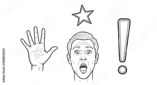 A surprised man with wide eyes and an open mouth, accompanied by an open hand, a star, and an exclamation mark, conveying astonishment and discovery.