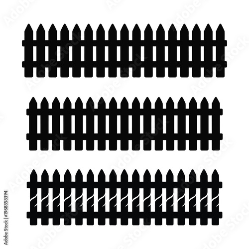 A set of black picket fences on a white background