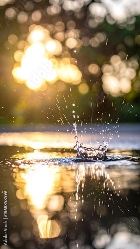 Close-up shot of water droplets splashing in a puddle reflecting the warm light of the setting sun, blurred background