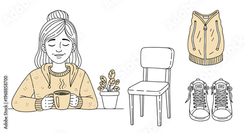 A serene woman with closed eyes enjoys a quiet moment, surrounded by a potted plant, an empty chair, a cozy sweater, and a pair of sneakers, embodying relaxation and self-care.