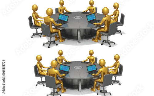 Golden humanoid figures sitting around a gray circular table with laptops on it in meeting