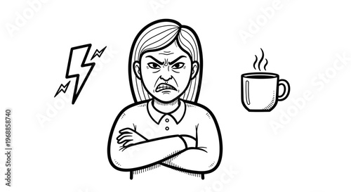 An angry woman with crossed arms and lightning bolts around her head confronts a steaming coffee mug, symbolizing frustration, stress, and morning grumpiness.