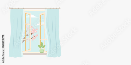 Open window with blue curtains showing a spring garden with blooming sakura tree. Vector illustration of a bright room interior with a houseplant on the sill. Home decor and comfort.