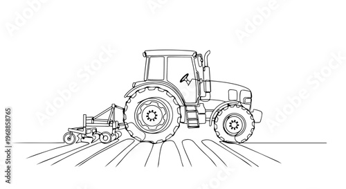 Tractor plowing a field one line drawing. Continuous line art vector illustration of agricultural machinery. Farming and spring cultivation concept