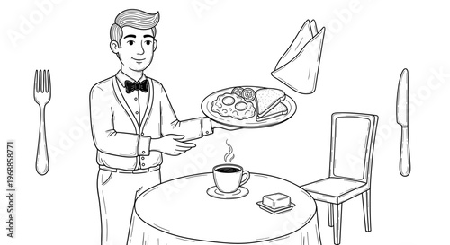 A professional waiter in a bowtie attentively serves a dish and coffee at a set table with a chair, showcasing elegant restaurant service.