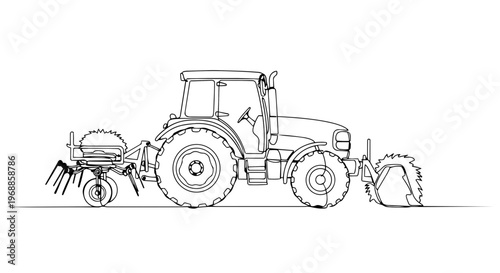 Tractor with agricultural attachments one line drawing. Continuous line art vector illustration of farm machinery. Minimalist farming equipment graphic