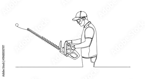 Man using a hedge trimmer one line drawing. Continuous line art vector illustration of professional gardening. Landscaping and yard maintenance concept