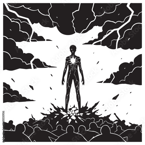 dramatic, apocalyptic, black and white, vector illustration, human figure, stormy background