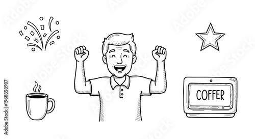A jubilant man cheering with raised fists, celebrating with confetti and a star, alongside a coffee cup and a "COFFER" box.